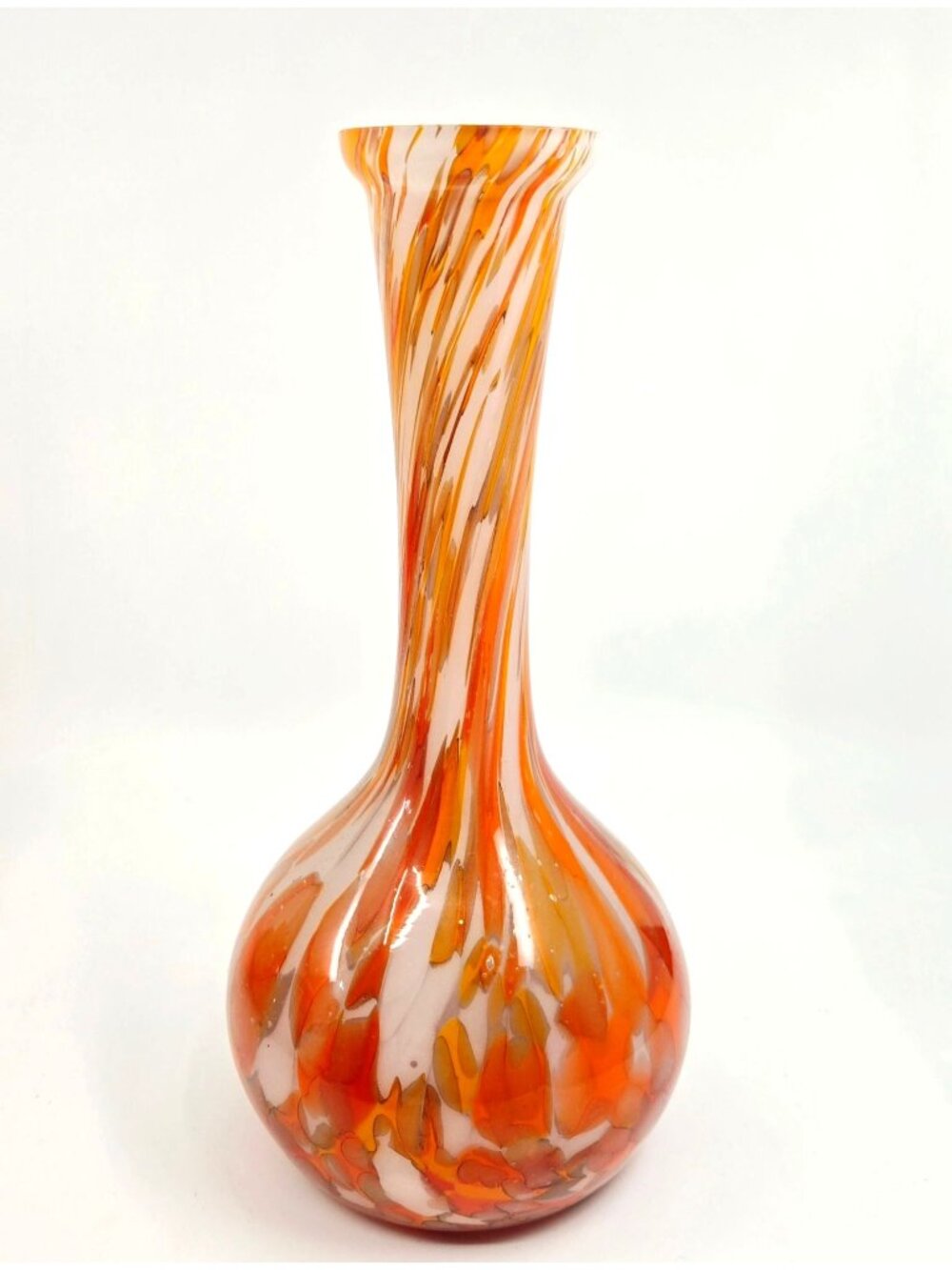 1930s Welz Czech Glass Splatter Vase Orange, White, Gourd Shape 8 in.